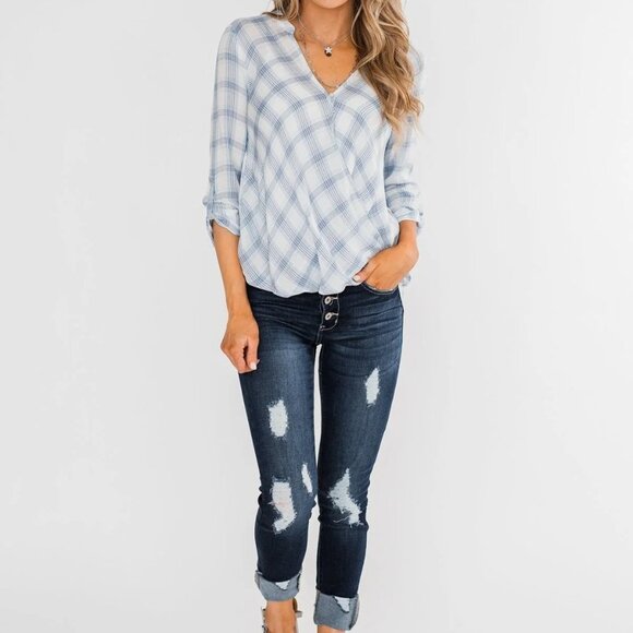 Just In Time Plaid Wrap Top- Blue & White - Picture 5 of 14